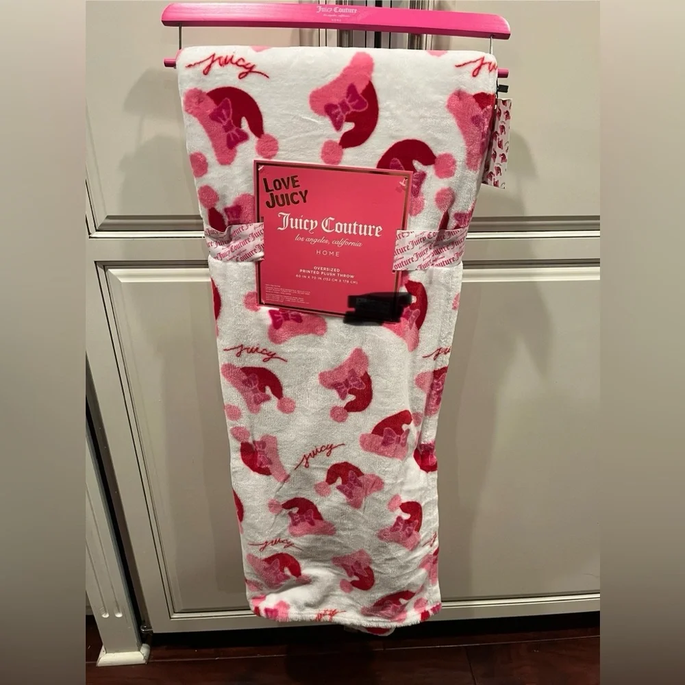 Juicy Couture Pink and White Plush Blanket Throw Christmas Santa Hat